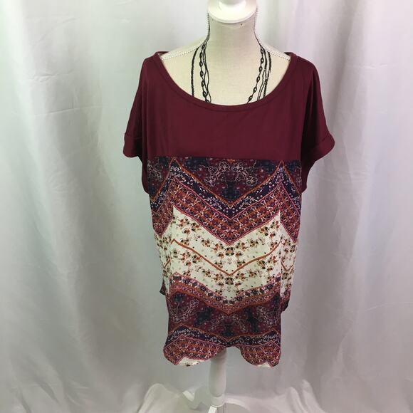 Rewind Floral Chevron Tee Maroon White Large - Picture 1 of 14